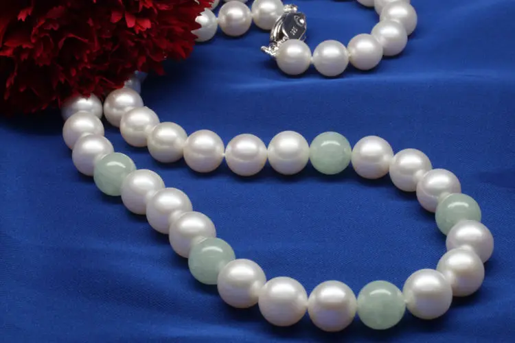 

gorgeous 10-11mm natural south seas white pearl green jade necklace 18inch (9.13)