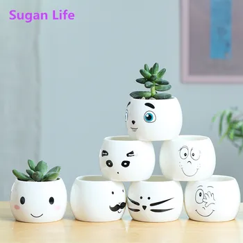 

SuganLife Cute Expression Ceramic Small Flower Pots DIY Planter Succulent Plants Bonsai Pots Desktop Ornaments Office Decoration