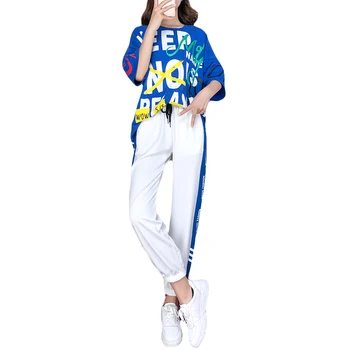 

2xl Casual Cotton Two Piece Set Top And Pants O-neck Half Sleeve Long Letter T-shirt & Lace-up Elastic Waist Pants Summer Sets