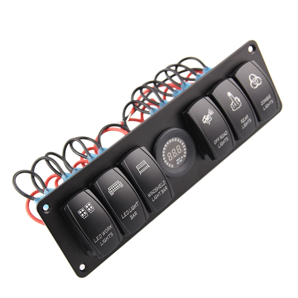 6 Gang Car Marine Boat Circuit RV LED Toggle Rocker Switch Panel Breaker Voltmeter for RV Car Boat Colorful Light