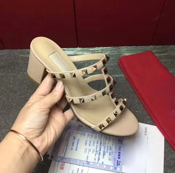 

Newest 2019 Luxury Brand Design Leather Women Stud Sandals Slingback Pumps Ladies Sexy High Heels Silppers Fashion Rivets Shoes