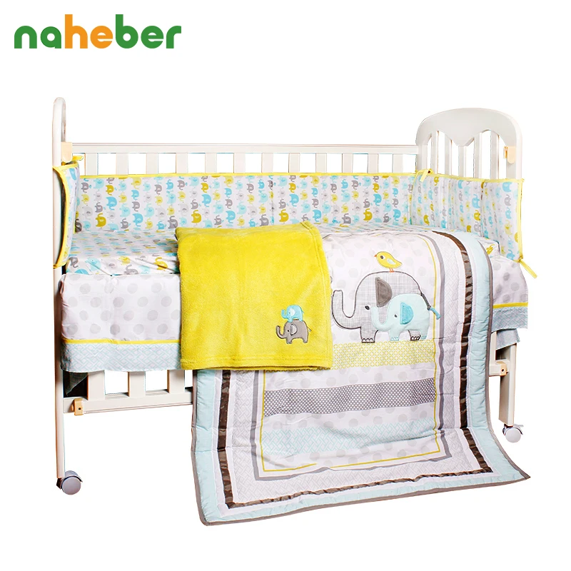 8pcs Baby Crib Bedding Newborn Baby Bedding Set Cute Cartoon Elephant Bumpers/Quilt/Fitted Sheet/Bed Skirt/Blanket for Cot