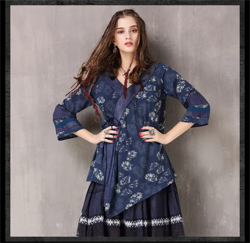Spring Women's Floral Blouse 2019 Vintage Irregular bow-tie Blouse shirt Cotton V neck Women Shirt Long Sleeve Blusa Feminina (11)