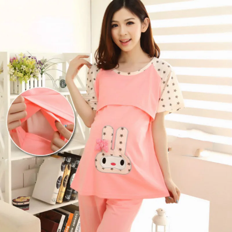 

2019 Summer Pregnancy Sleepwear Cartoon Dots Pregnant Nightgown Tops Shorts 2 Pieces Breastfeeding Nightgown Maternity Pajamas