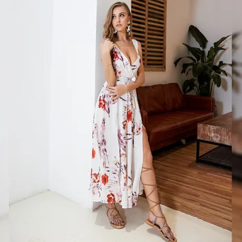 

Summer 2019 Spaghetti Strap Print Celebrity Backless Slit Dress Sexy Women Sleeveless V Neck Beach Style Party Dresses Wholesale