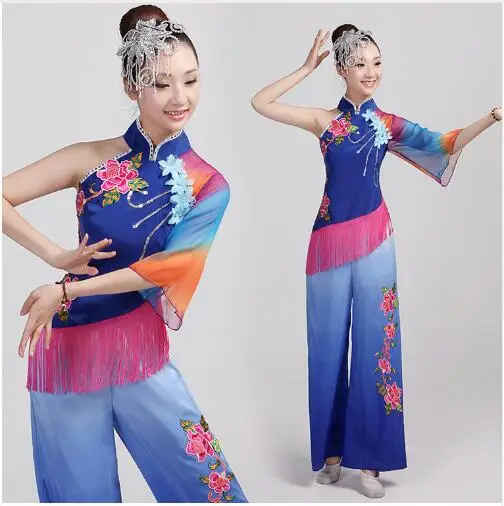 

(082) Chinese folk dance costumes fan yangko dance performances square classical dance stage performance flower dance wear