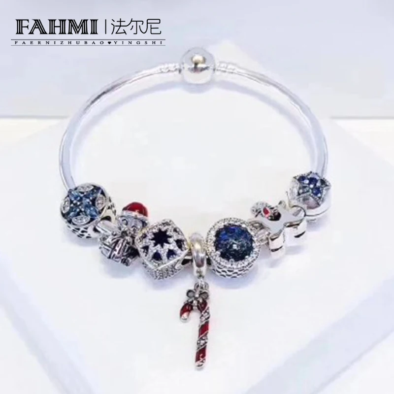 

FAHMI 100% 925 Sterling Silver Winter Christmas Bracelet Set Star Moon Cookies People Charm Women Charming Gift Original Jewelry