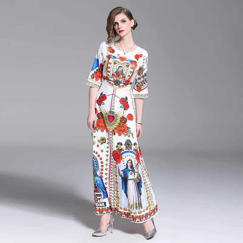 

European American women's new retro palace print O-neck long-sleeve loose long maxi dress luxury personality runway dresses