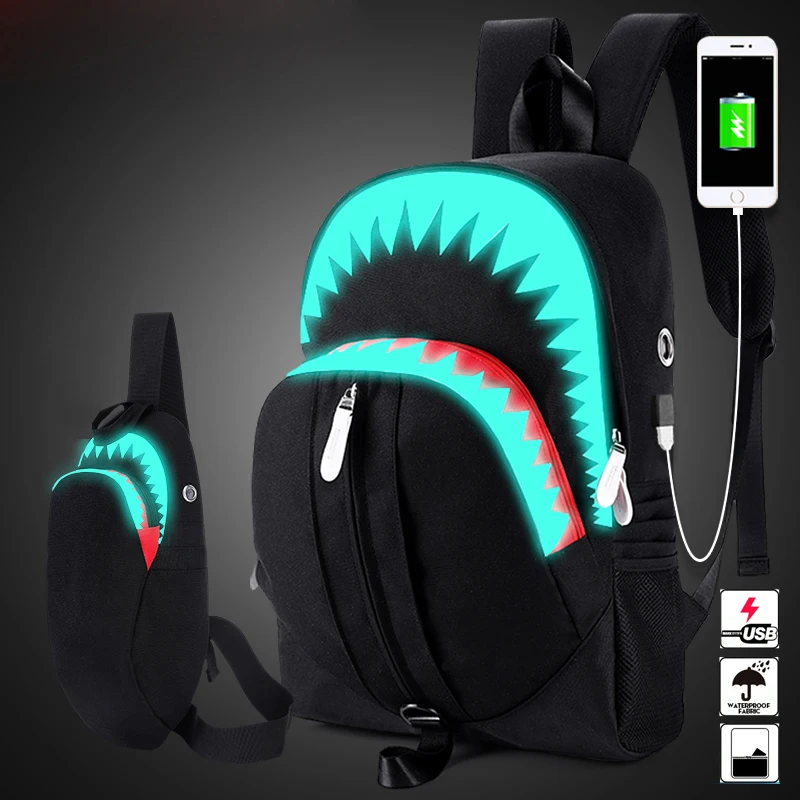 الرجال الأزياء USB شحن يلة مضيئة على ظهره القرش محمول على ظهره حقيبة صدر للرجال المراهقين حقيبة مدرسية Mochila السفر حقيبة أسود
