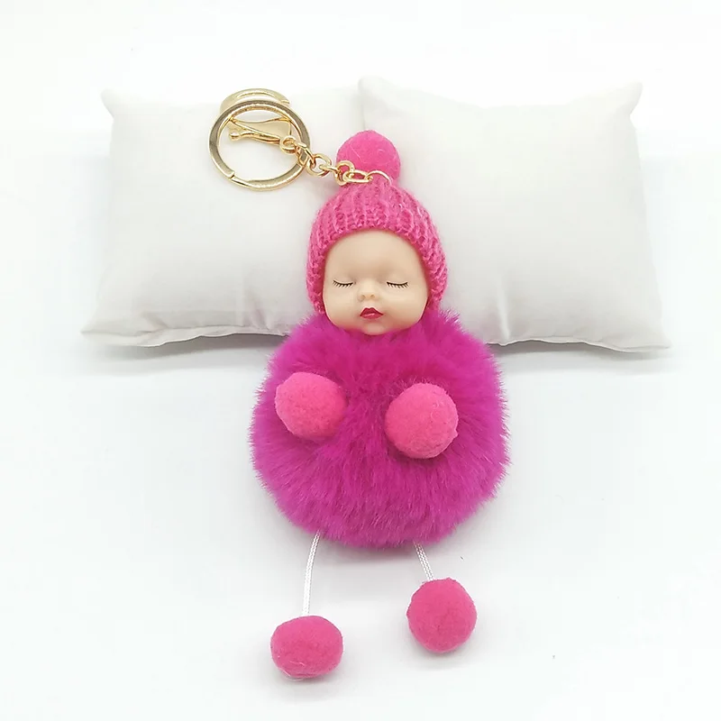 Hands and feet Sleeping Baby Doll Keychain Pompom Rabbit Fur Ball Key