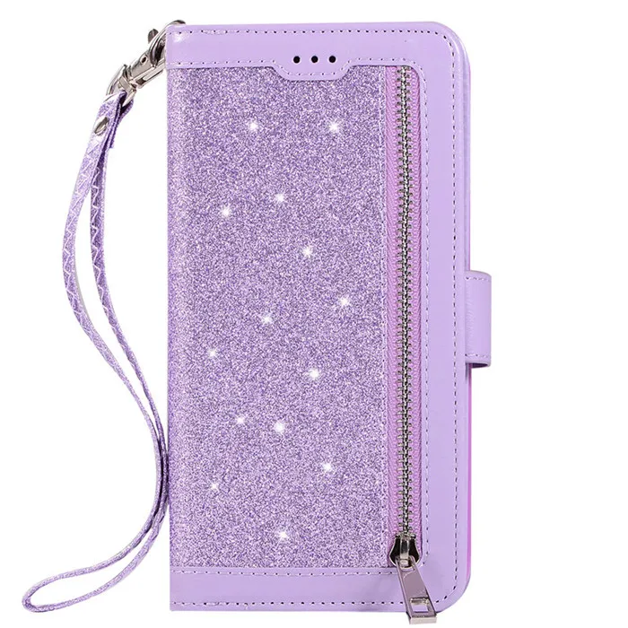 Блестящая застежка-молния кошелек чехол для iPhone 11 Pro XS макс 7/6/6 S/8 Plus XR X для samsung S8 S9 S10 Plus Note 10 8 9 S10e A5 A7 A8 - Цвет: Purple