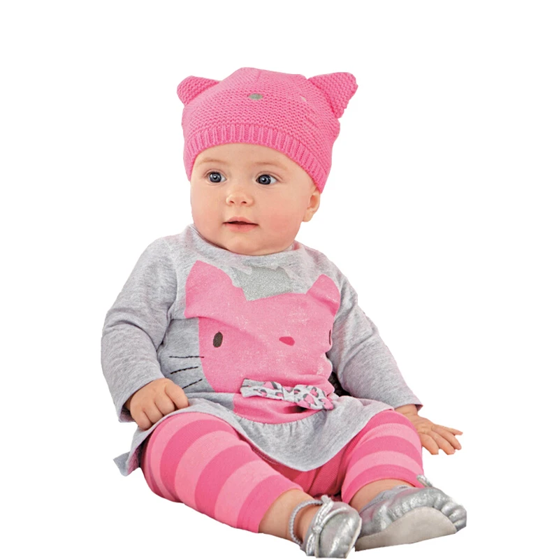 Casual Baby Girl Clothes Cotton Cartoon Cat Printed T shirt + Pants