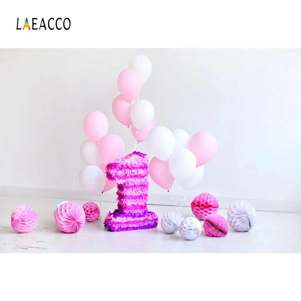 

Laeacoo Pink Balloons Paper Ball Number 1st Brithday Baby Photography Backdrops Vinyl Customs Photo Backgrounds For Photo Studio