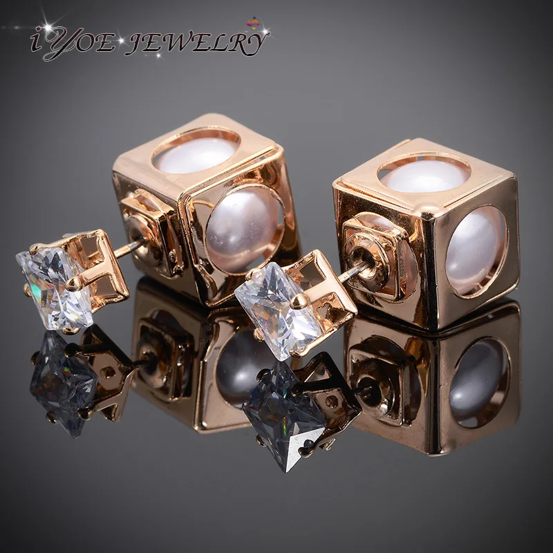 

IYOE Simulated Double Sided Pearl Earring For Women Unique Design Square Cut Large Crystal Stud Earrings USA Fashion Jewelry