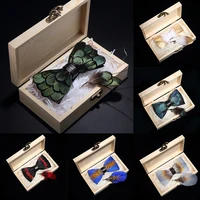 KAMBERFT design handmade feather bow tie brooch wooden box set high quality men's bowtie leather tie for wedding party banquet 1