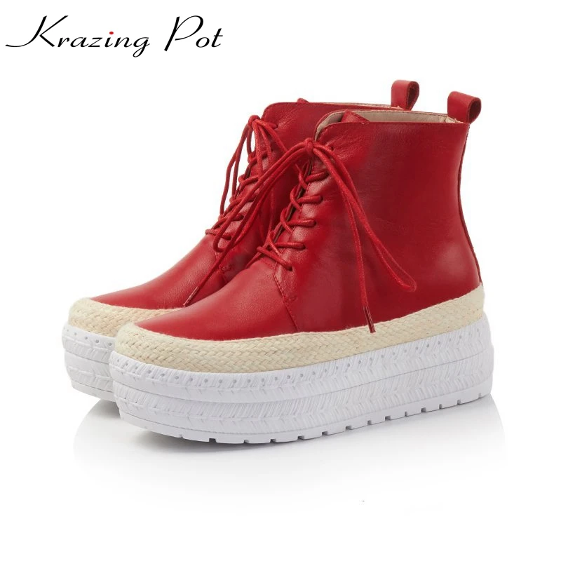 

Krazing Pot cow leather winter high heels round toe lace up fashion Chelsea boots wedges platform leisure mild-calf boots L66