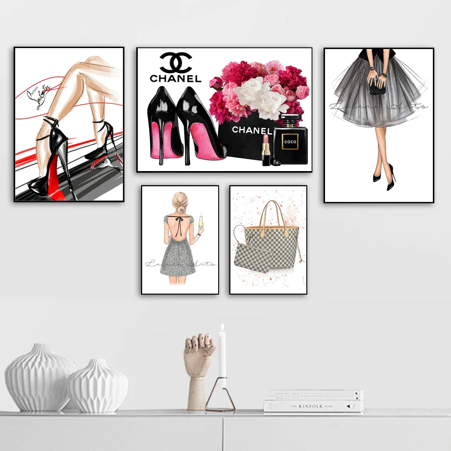 

Girl Bag Perfume Skirt Lipstick Wall Art Canvas Painting Nordic Posters And Prints Wall Pictures For Living Room Salon Bar Decor