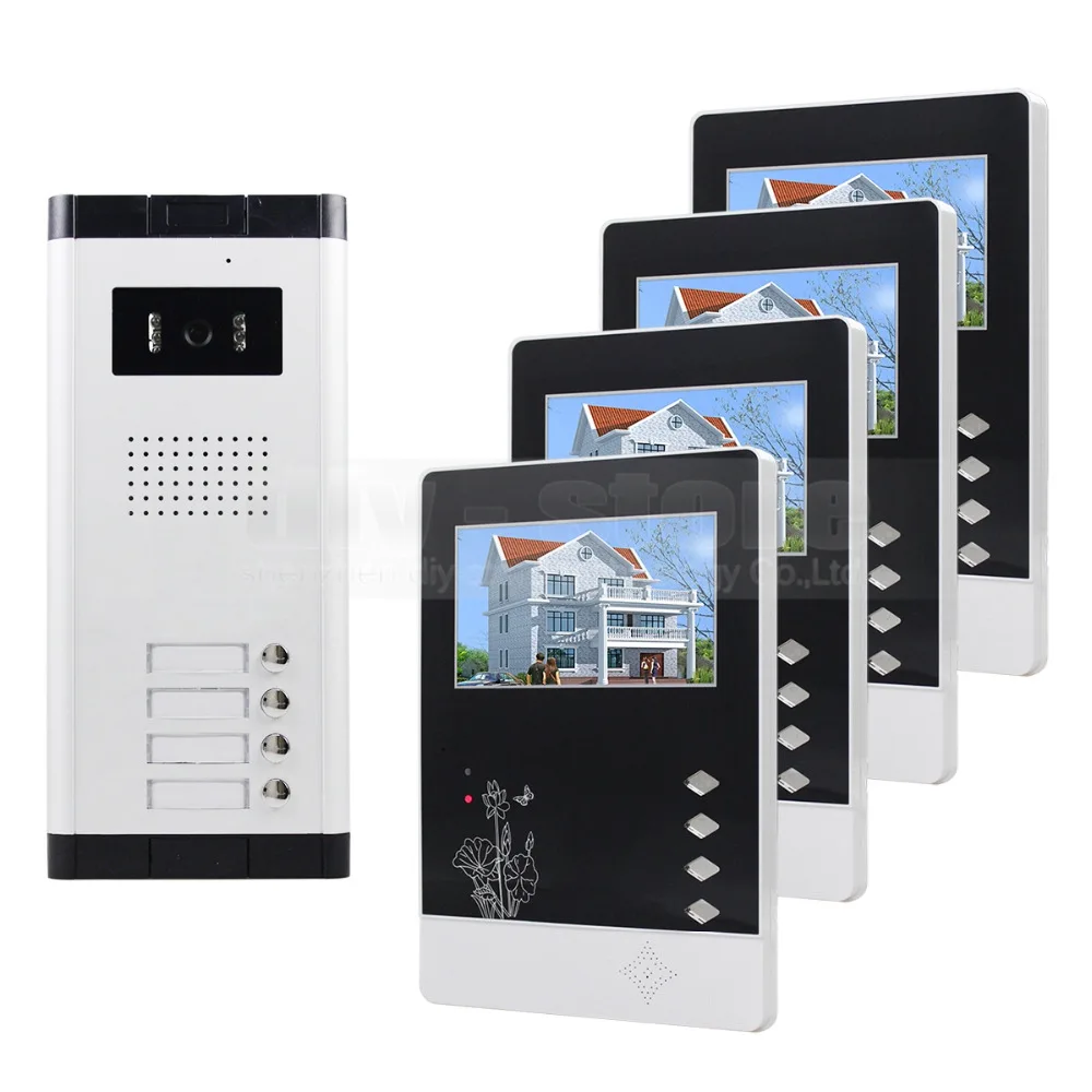DIYSECUR Quality 4.3\ 4-Wired Apartment Video Door Phone Audio Visual Intercom Entry System IR Camera for 4 Families