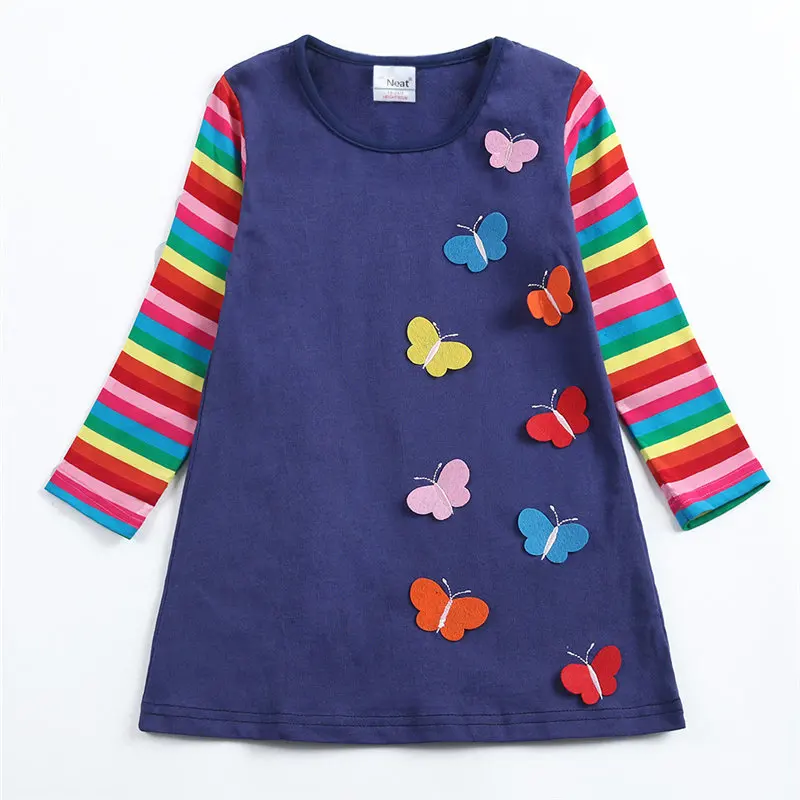 

Beautiful butterfly decoration dress Comfortable new pure color girl's long sleeve dress exquisite butterfly embroidery