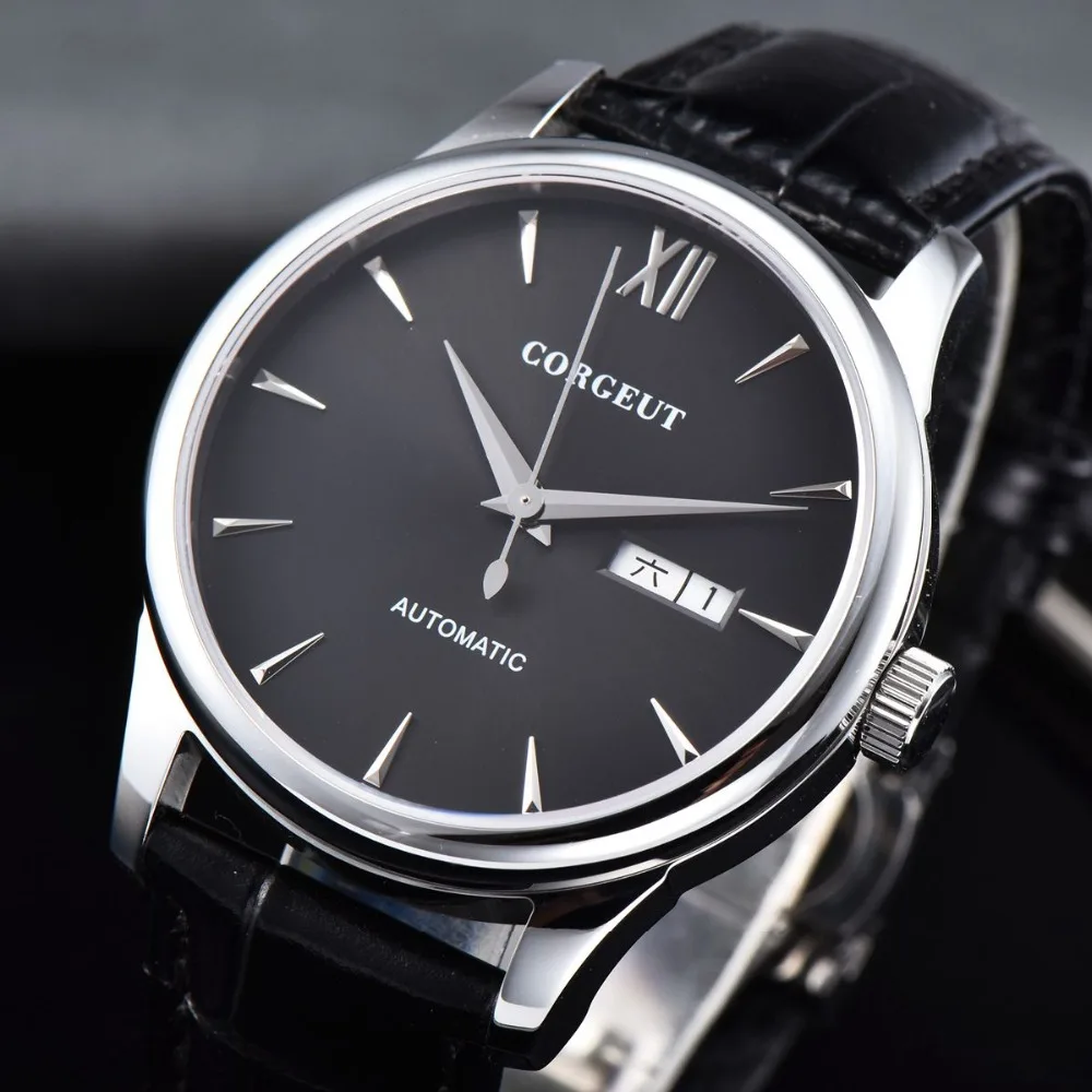 Skup Corgeut męskie zegarki Top marka luksusowe automatyczne data tydzień mężczyźni dorywczo mody męskiej zegar prawdziwy skórzany mechaniczny zegarek na rękę