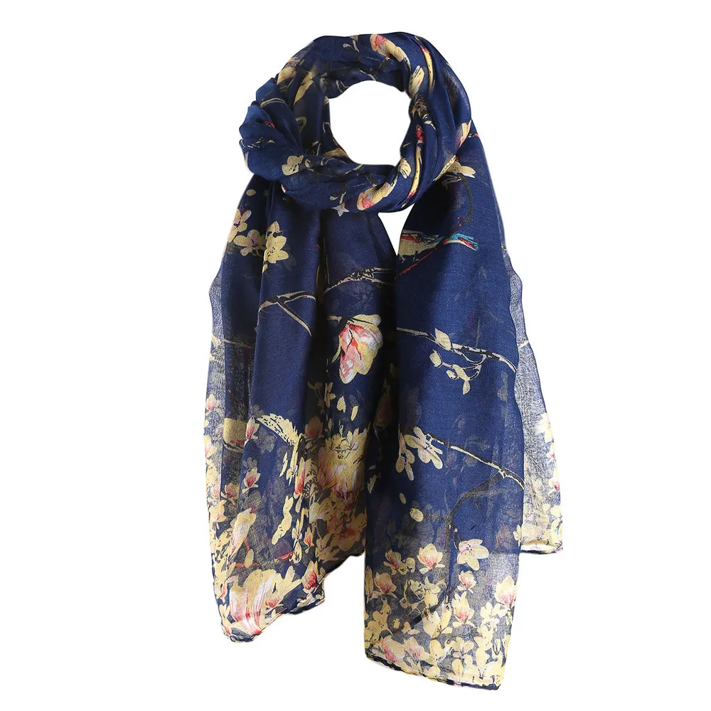 Популярный хлопковый элегантный шарф с цветочным принтом птицы женский длинный теплый шарф шаль женский модный дизайн очаровательный Bufanda Mujer - Цвет: Navy