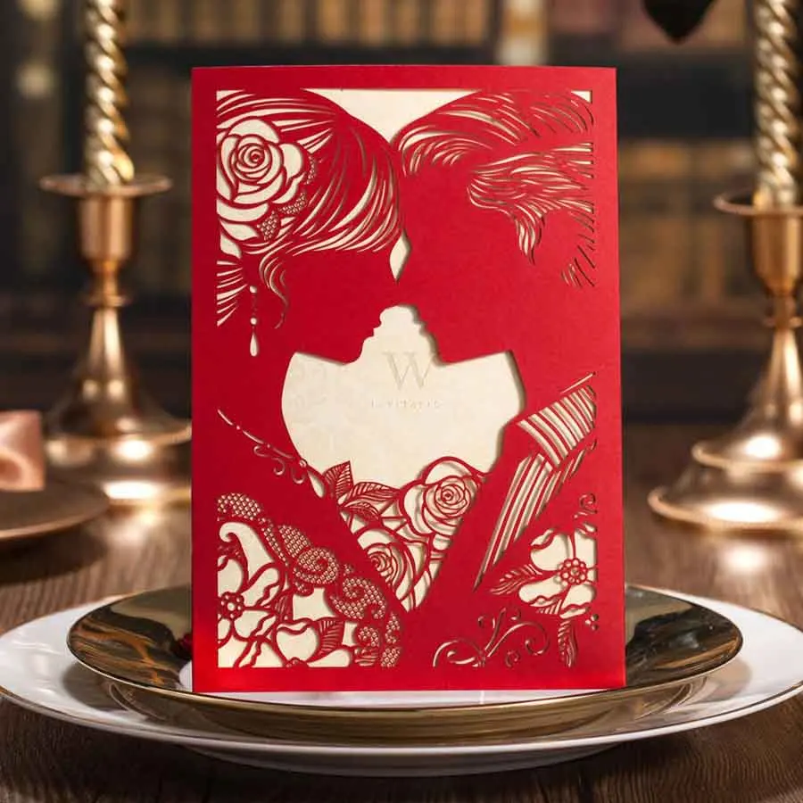 

1PCS Red Wedding Invitations with Laser Cut Bride and Groom Kiss Invited Cards Engagement for Marriage Bridal Shower CW020