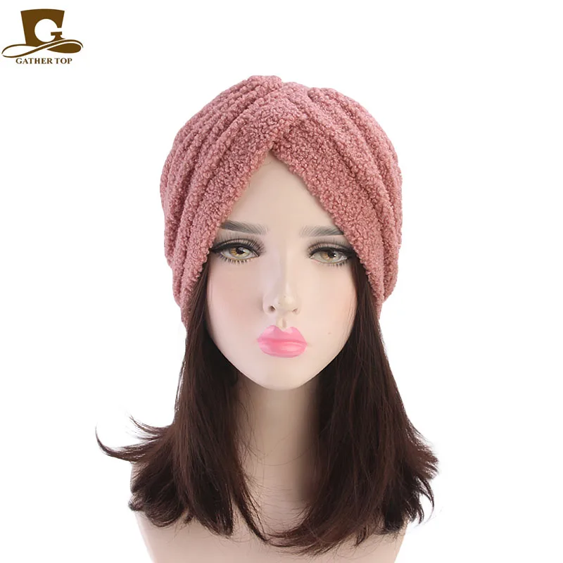 

Winter New Luxury Women thick Plush Turban polar fleece warmer head wrap Turban Headband Hat Muslim Hijab Turbante for Women