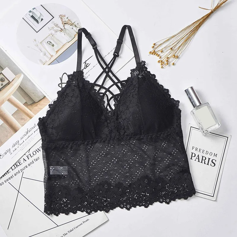 

Women's Lace Stiching V-Neck Camis Tops Wireless Lace Mesh Bra Tops Sexy Cross Straps Underwear Lingerie Vest Intimates Tanks