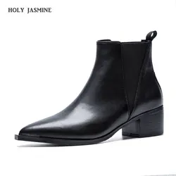Элегантные женские черные кожаные ботинки на квадратном каблуке с острым носком, ботильоны на молнии, дизайнерская женская обувь 2019