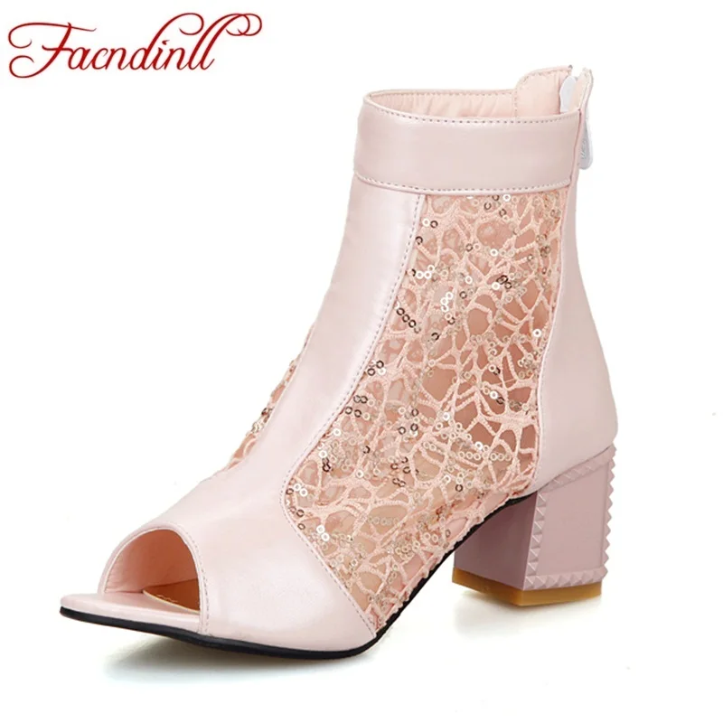 

FACNDINLL women sandals shoes ankle boots new fashion high heels peep toe blue pink black shoes woman summer short boots shoes
