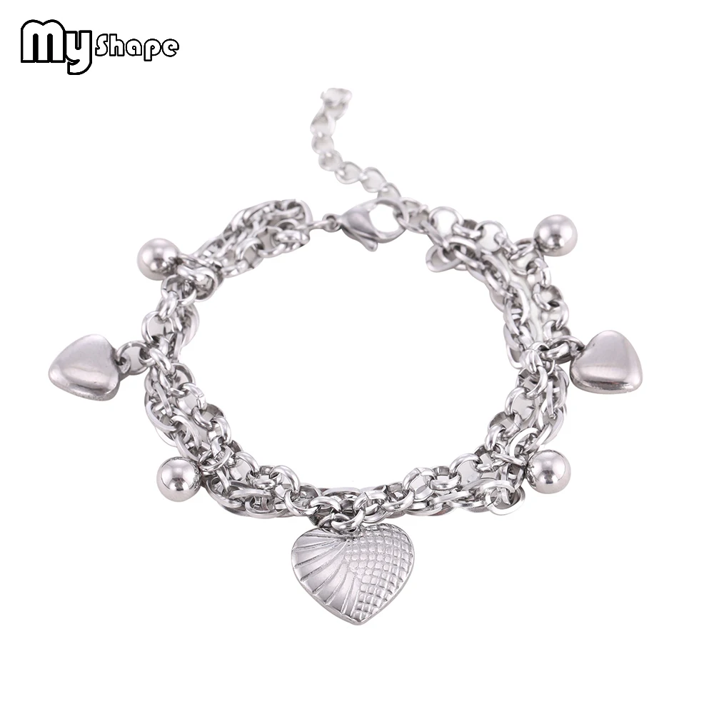 

My shape White Gold Multi Heart Love Charm Bracelet Stainless Steel Beads Coarse Chain Bangle for Gift Women's Accessories 2019