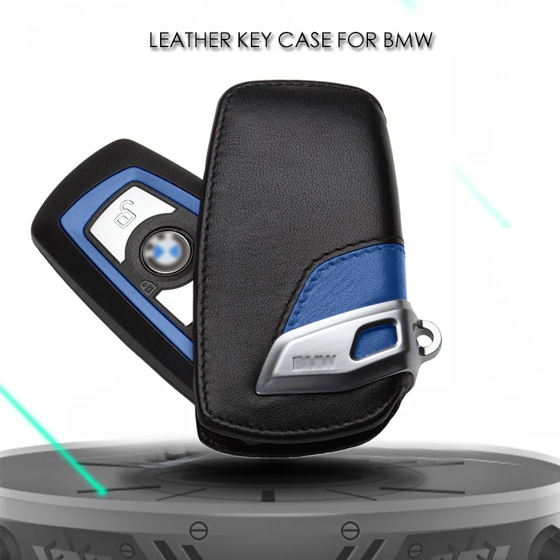Key Case Bag Cover Fob Holder For BMW 3 5 7 Series X3 Sport Line Genuine Leather Blue