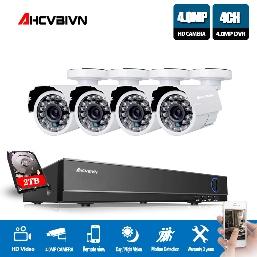 AHCVBIVN 4CH 4MP CCTV SYSTEM Hybrid AHD DVR NVR with 4PCS 4MP AHD Surveillance Camera Security System Kit IR-CUT Night Vision