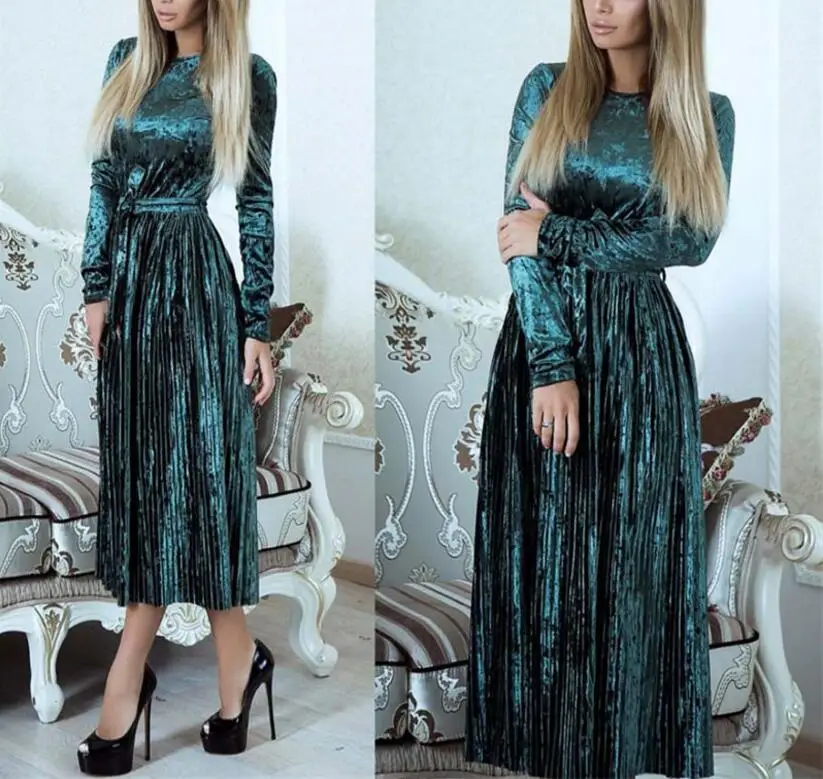 

Fashionable Women's Dresses Autumn-Winter Pleated Velvet Dresses Long Sleeve Warm Elegant Velor Dress Women's Long Vestidos