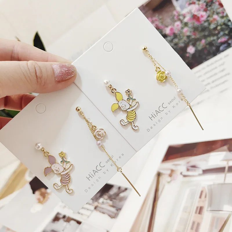 

Women Cartoon Pig Rose Chains Fresh Cute Asymmetry Drop Dangle Earrings Korea Handmade Fashion Jewelry Gift Holiday-JQD5