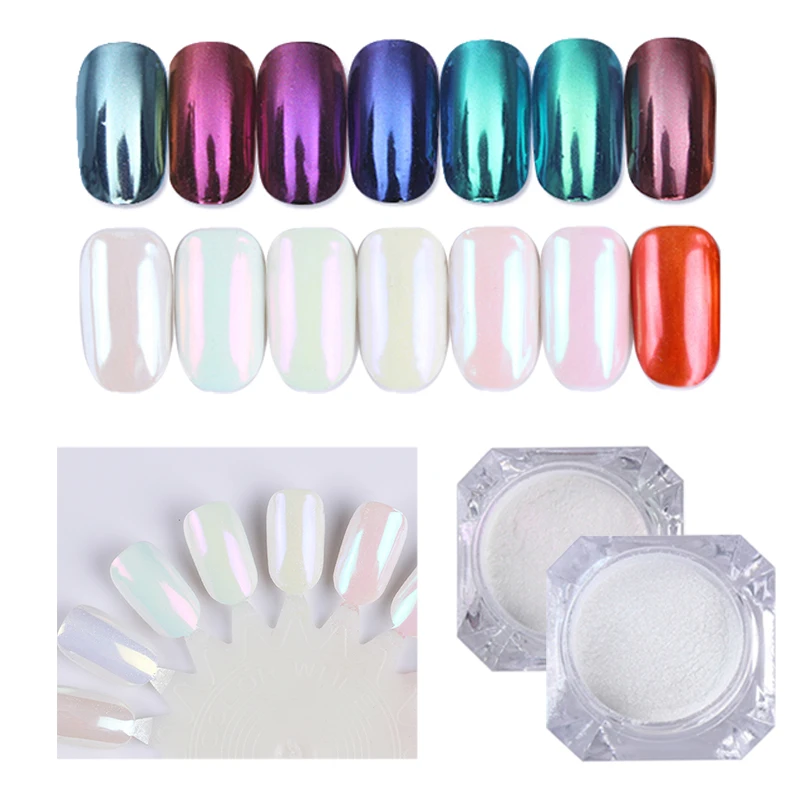 

7 Boxes Mirror Glitter Powder Nail Dust Pearl Shell Chameleon Set Shimmer Gold Purple Decorations Nail Pigment Dust for UV Gel