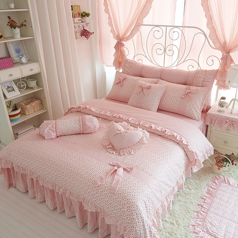 

Korean Style Princess Bedding Sets 100% Cotton Pink Cherry Printing Lace Duvet Cover Ruffles Bow Bedspread Bed Skirt Pillowcases