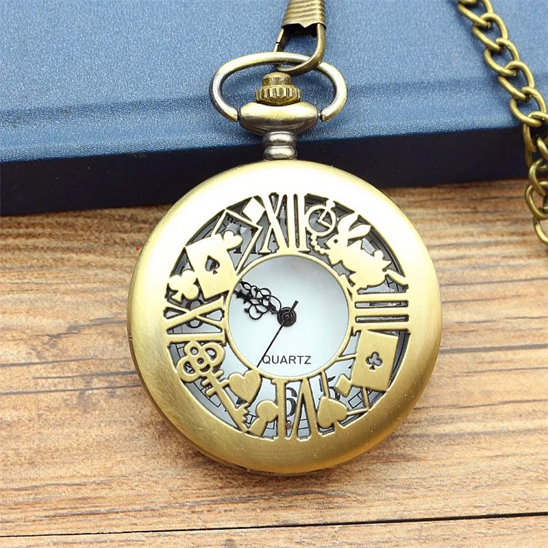 

Antique Bronze Alice In Wonder Time Theme Pocket Watch Rabbit Poke Key Fob Wacth With Chain Necklace