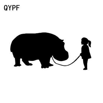 

QYPF 15.6CM*7.2CM Funny Girl Walking A Hippo Graphical Black Silver Vinyl Car Sticker Decals C15-3302
