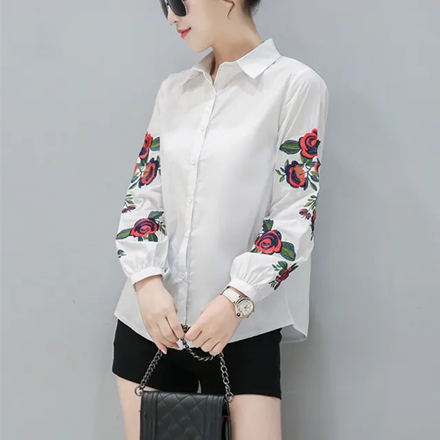 2017 New Spring Women Long Sleeve Blouse Rose Floral
