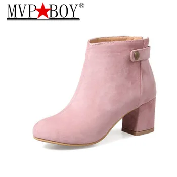 

MVP BOY Ladies Cheap China Shoes Woman Ankle Boots for Women Square High Heels Black Gray Pink Short Boot Autumn size 35-43