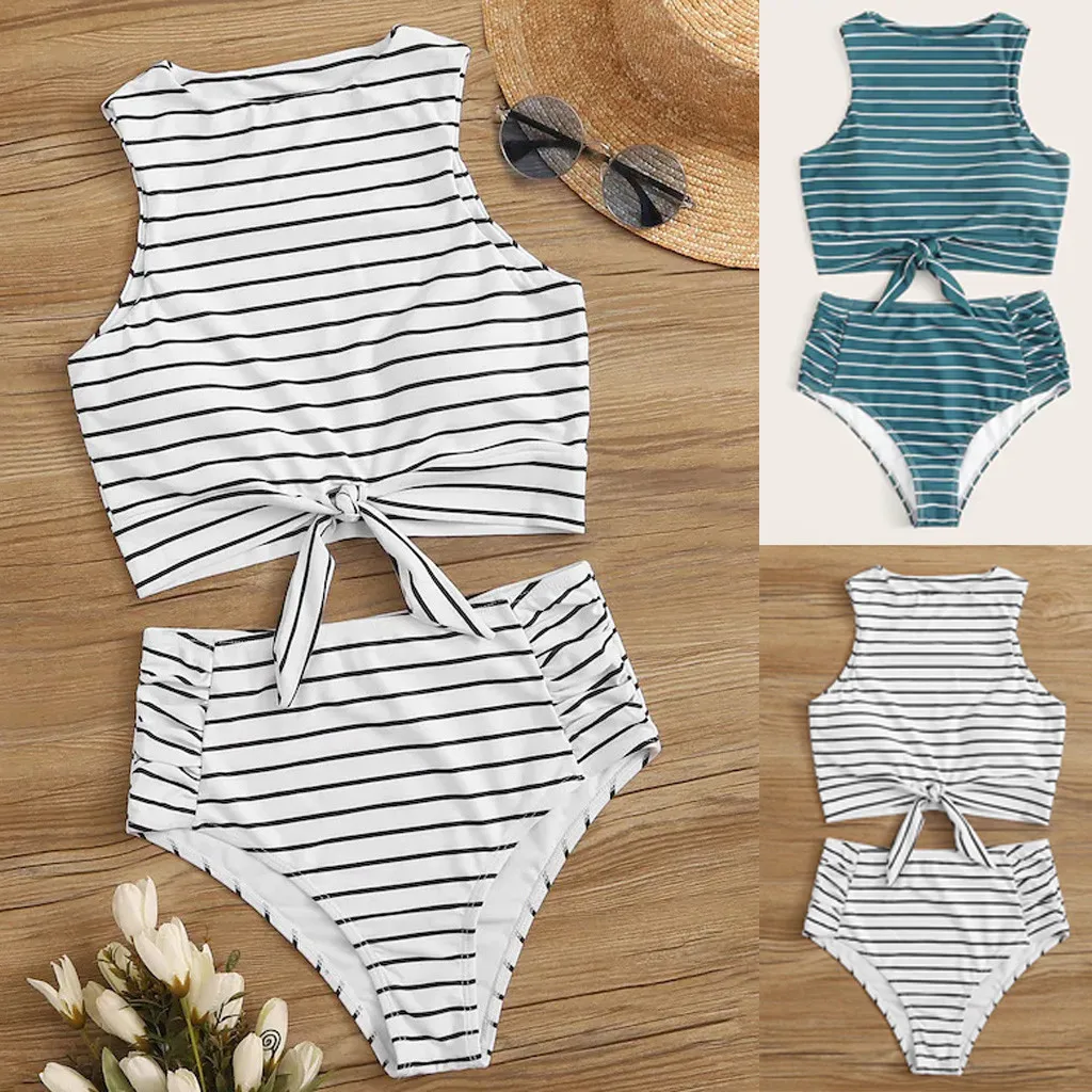

swimsuit bikini women's swimming suit swimwear women Bikini Set Two Piece Knot Front Crop Top Swimsuit with Floral Bottom