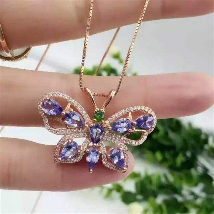 KJJEAXCMY boutique jewels 925 sterling silver inlaid with natural stone tanzanite necklace set chain jewelry gem.ret WAS Fine Jewelry