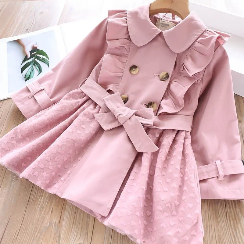 

autumn girls trench coat solid ruffles pink fashion baby outerwear boutiques kids clothes korean children outift