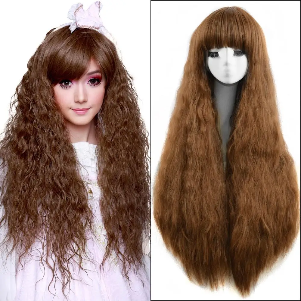 

36Inch Medium Brown Long Kinky Curly Cheap Heat Resistant Women Synthetic Wig Cute Lolita Natural Hair Loose Curl Women's Wigs
