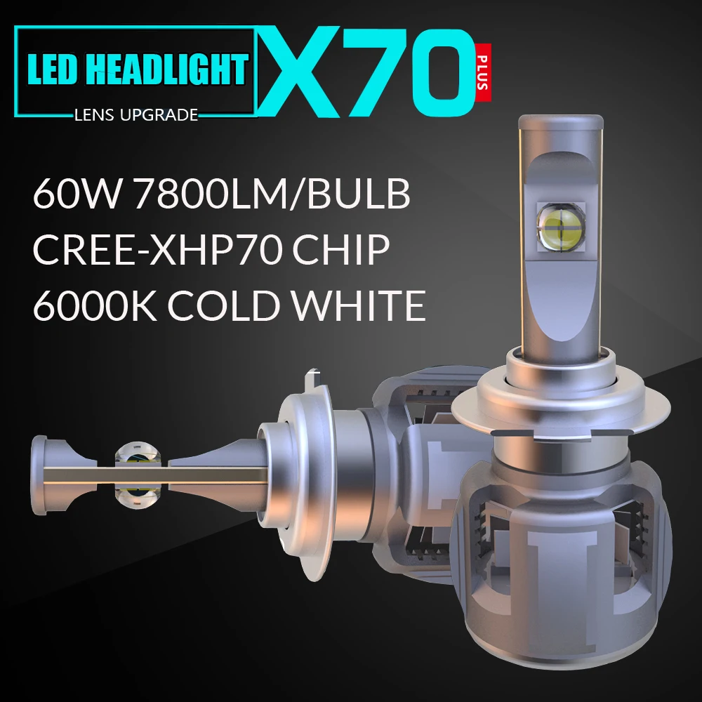 

X70 H7 LED Bulb Headlight 60w 7800lm 6000k Car Bulbs XHP70 Chip Turbo Headlights Automotive Headlamp Motorcycle Fog Lamp H4 H11