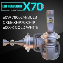 X70 H7 светодиодный Лампа фара 60 Вт 7800lm 6000 К автомобилей лампочки XHP70 чип турбо фары автомобильных фар мотоцикл противотуманные лампа H4 H11