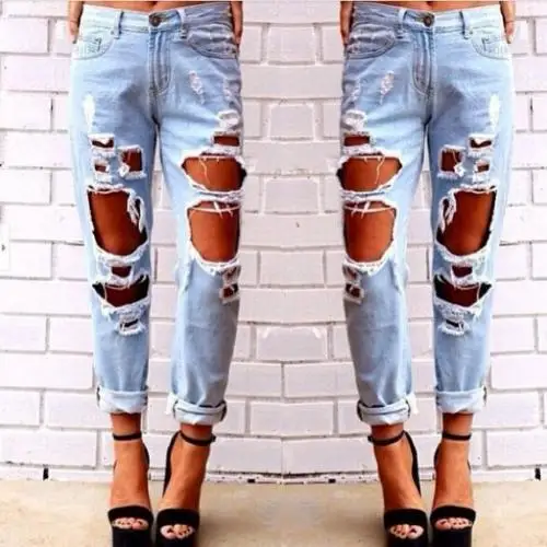 

Fashion Women's Jeans Destroyed Ripped Distressed Slim Pants Hole Button High Waist Blue Boyfriend Jeans Trousers