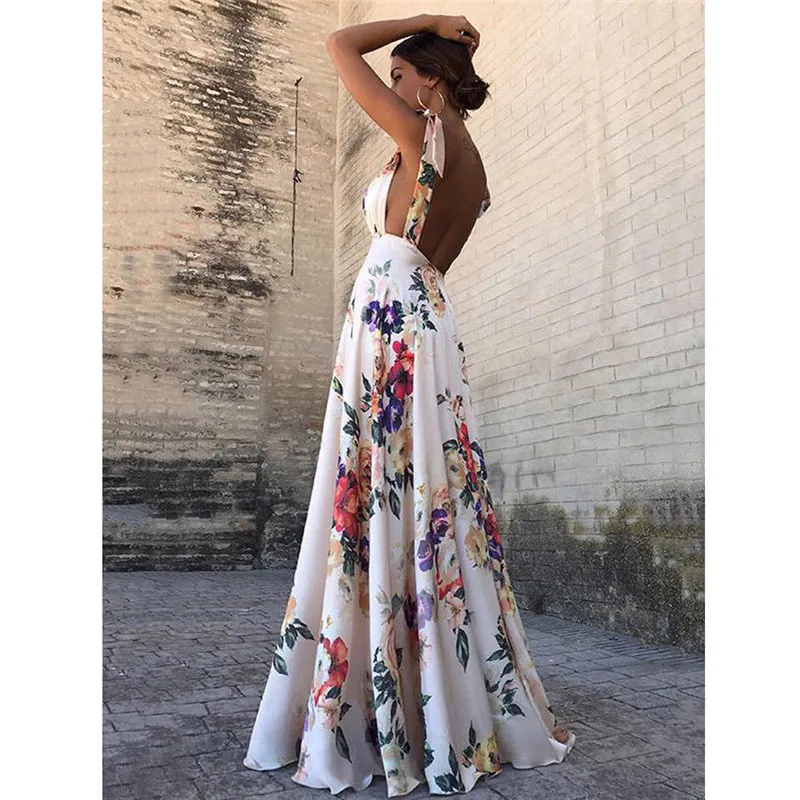 

Sexy Floral Print Women Summer Sleeveless Backless Vintage Long Boho Party Cocktail Casual Loose Beach Pink Dress
