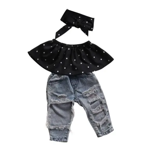 

2018 Newborn Baby Girls Dot Wrapped Chest +Bog Hole Jeans Pants Outfits Clothes Hot New